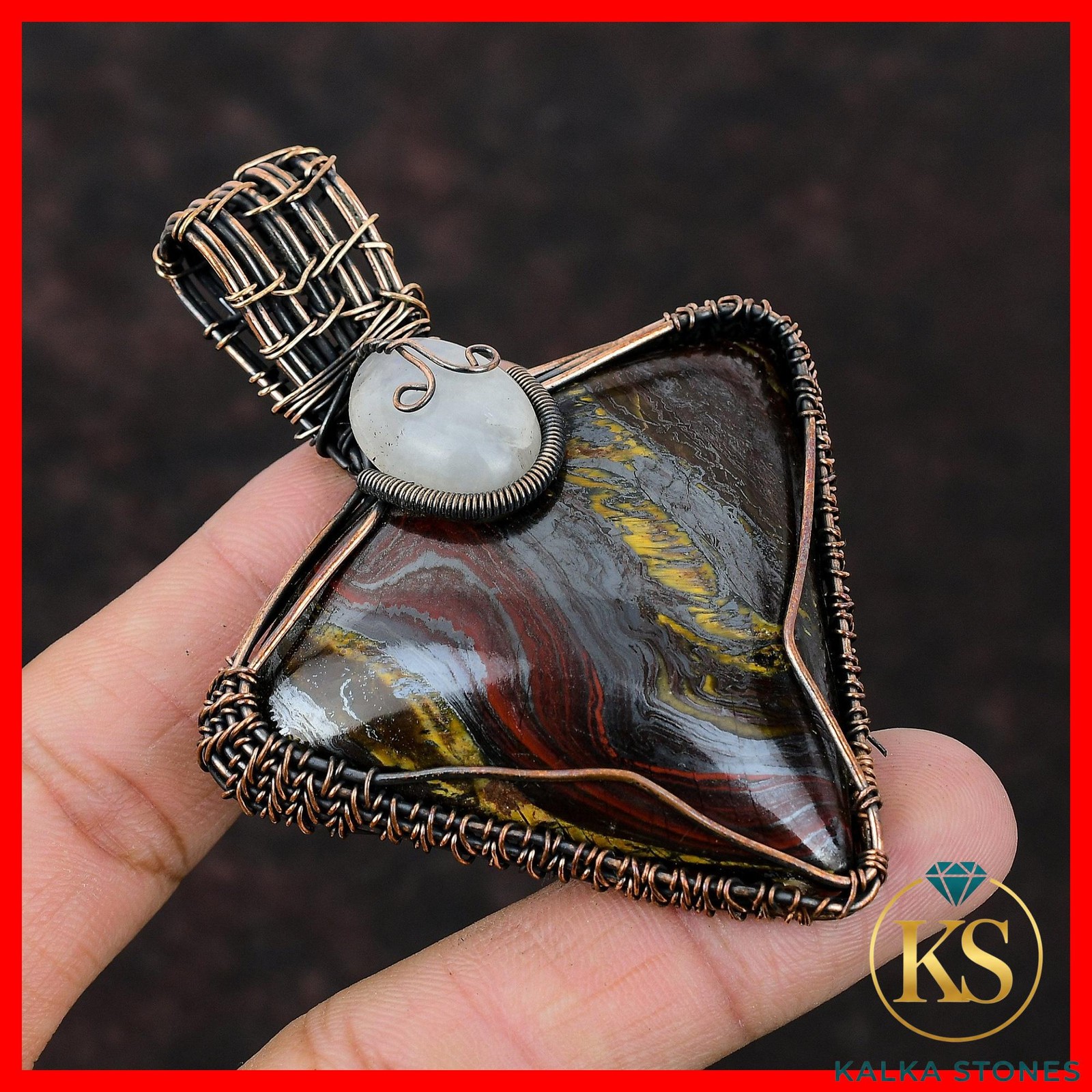 Trillion Natural Iron Tiger Eye Copper Unique Boho Wire Wrapped Daughter Pendant