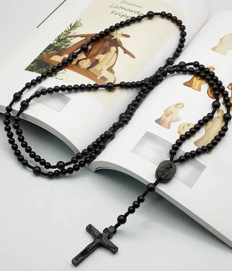 Ebony Black Wood Bead Fifteen 15 Decade Rosary Crucifix Madonna and Child Gift