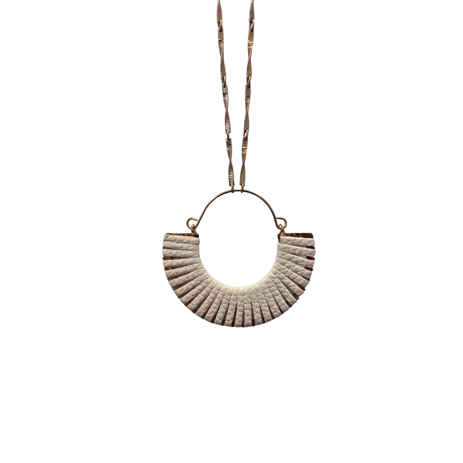 Gold Tone Chain Necklace White Faux Leather Fan Half Moon Pendant Boho NWT