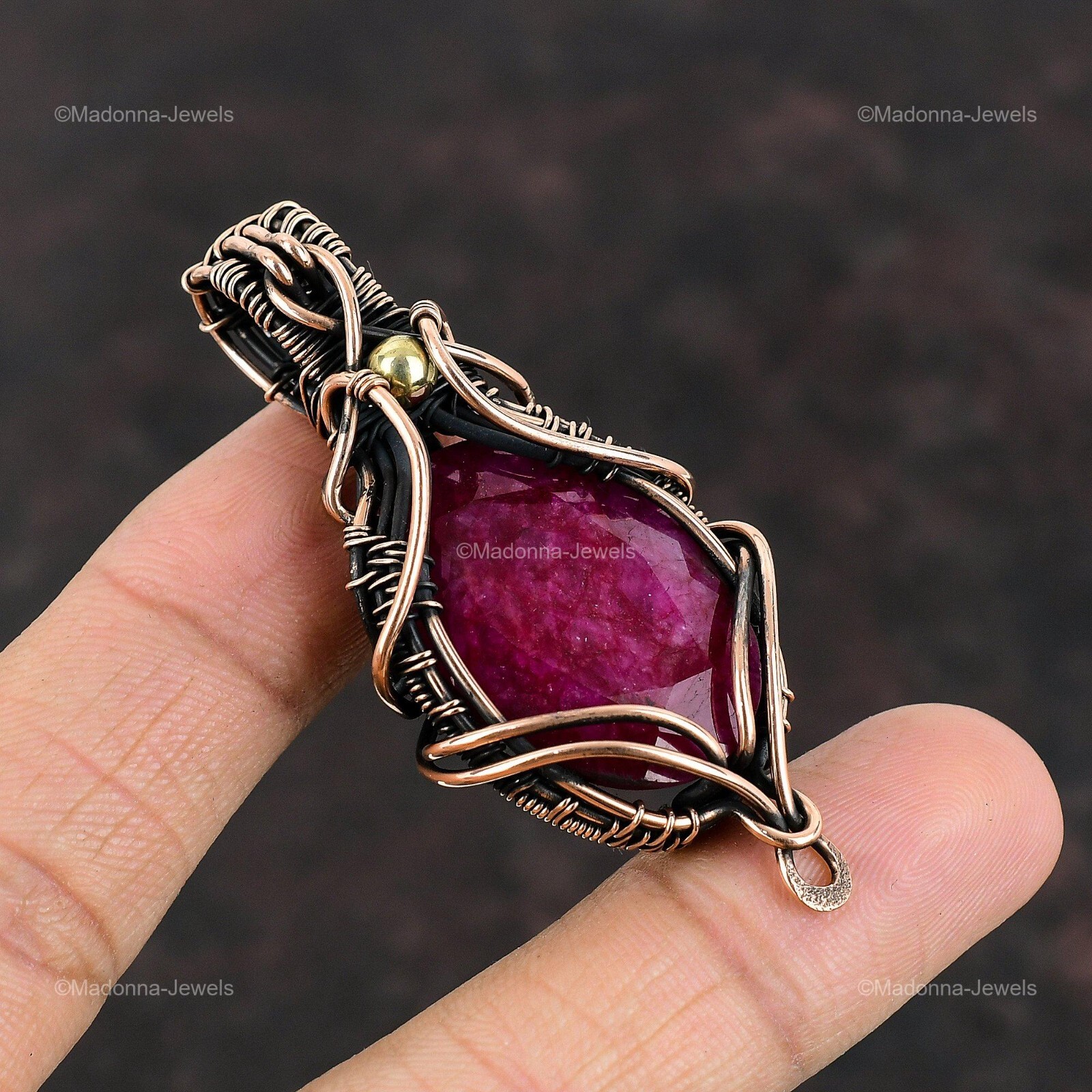 Mothers day Deal Oval Natural Kashmir Rubi Copper Wire Wrapped Pendant Jewelry