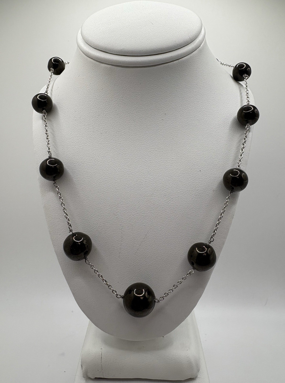 Elite Shungite Station Necklace 20” Sterling Silver Rhodium Finish Black Beads