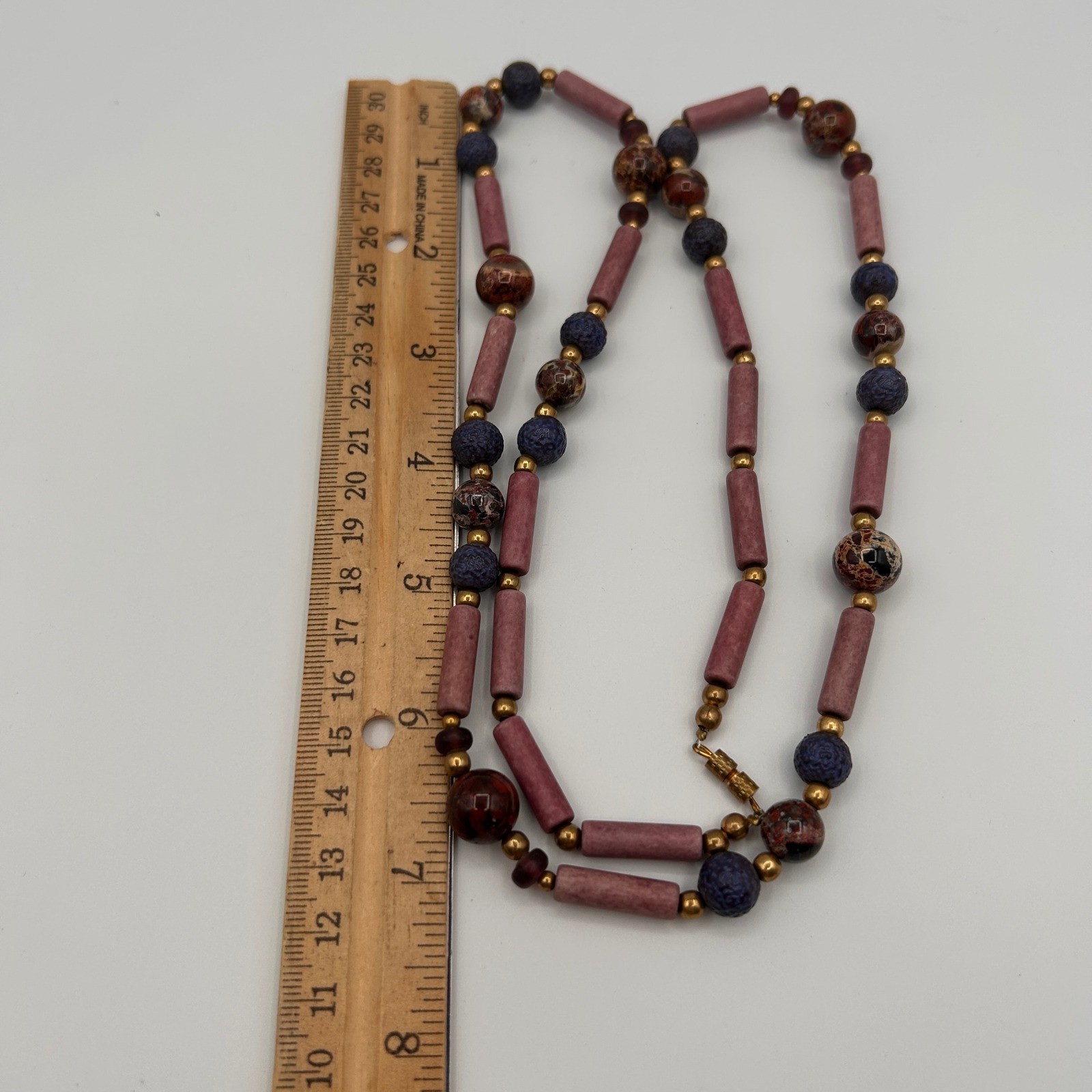 Boho Beaded Necklace Mauve Jasper Lava Rock Gold Tone Barrel Clasp 28″