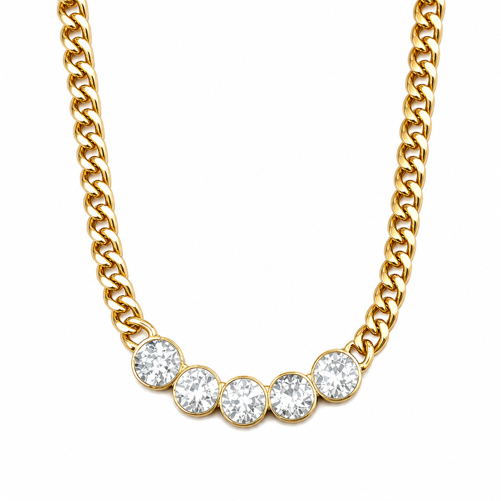 Gold Tone Metal Clear Colorless Glass Stones Statement Necklace 17″ – 19.5″