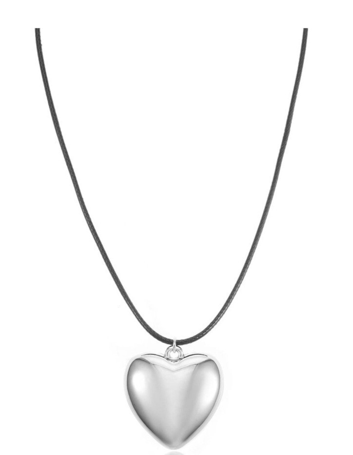 No Boundaries Cord Necklace With Silvertone Puffed Heart Pendant, Adult and Teen