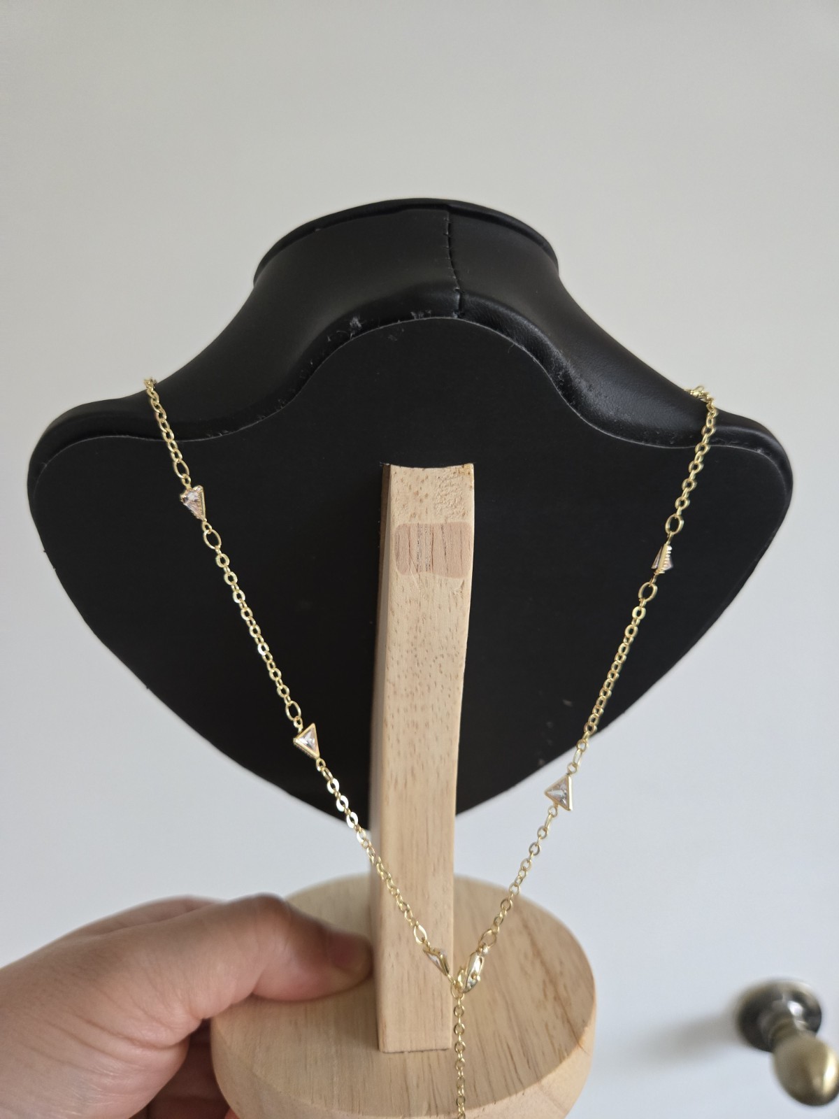 Gold Tone Station Necklace Triangle Bezel CZ 5 Stones Adjustable Cable Chain