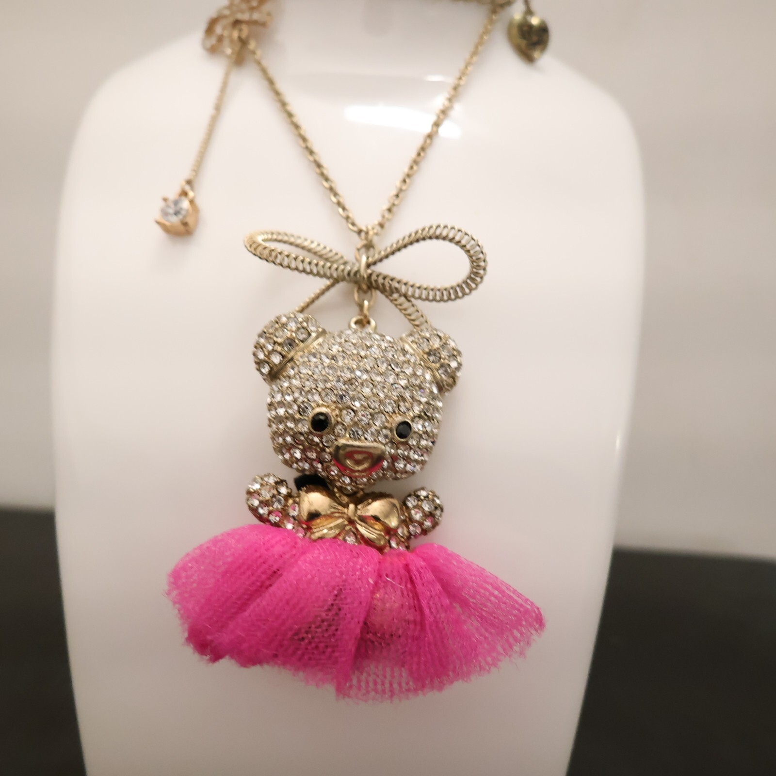 Betsey Johnson necklace teddy bear in ballerina costume magenta pink tutu signed
