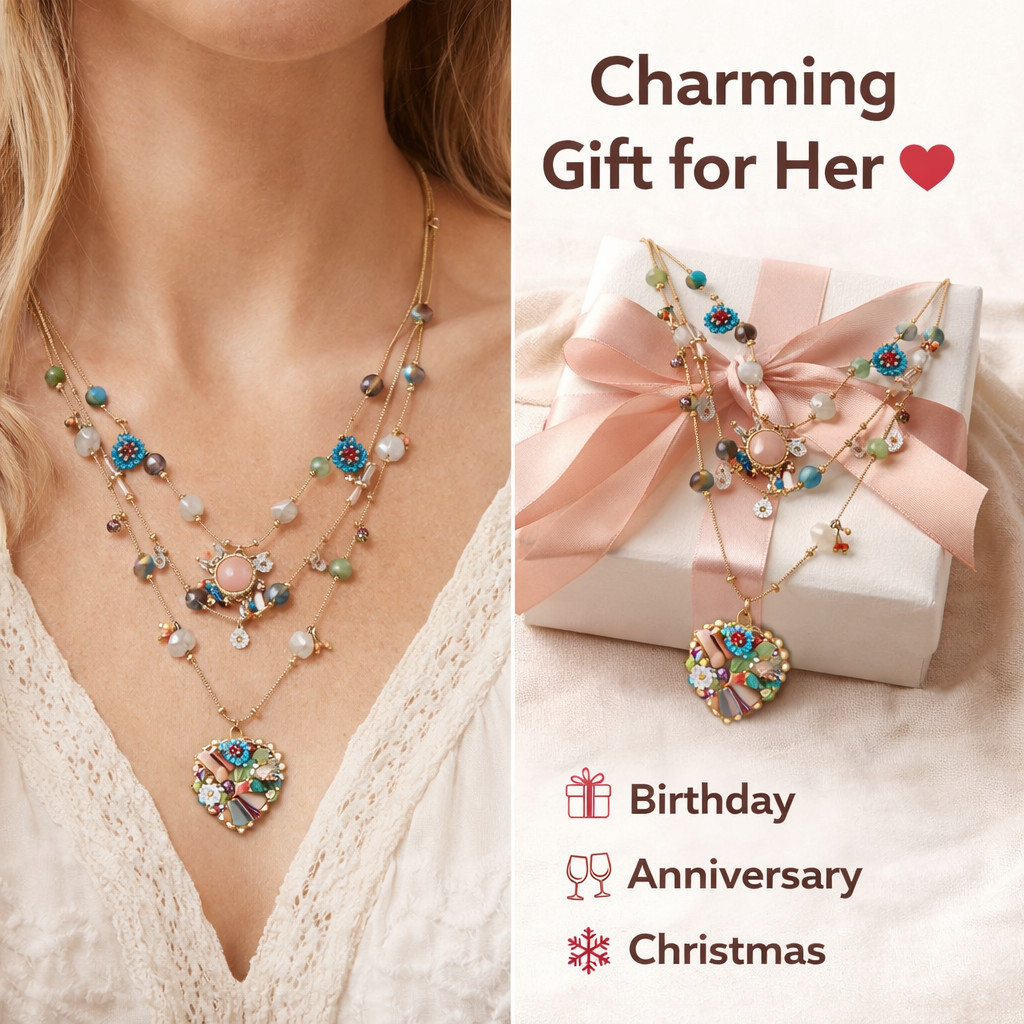 Layered Boho Necklace Women Multicolor Charm Pendant Statement Fashion Jewelry