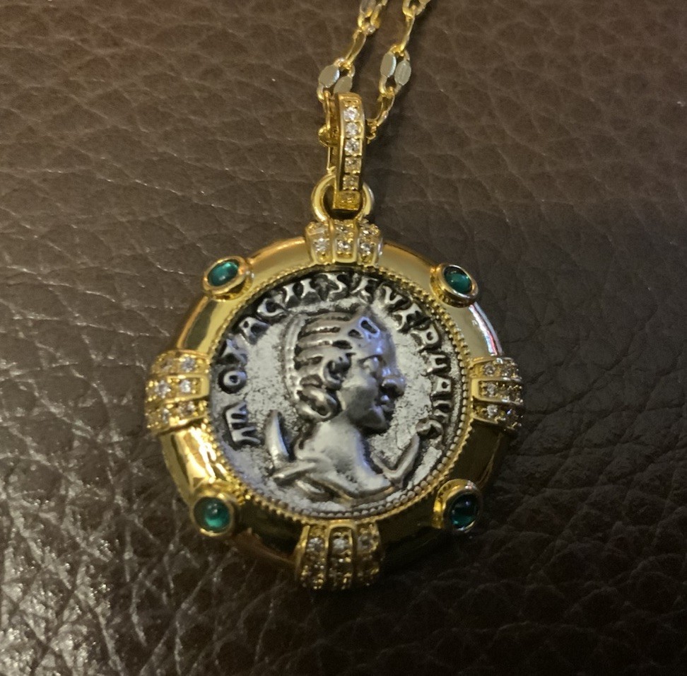 Ancient Greek Roman Coin Medieval Necklace Queen Gold Medallion Pendant CZ Boho