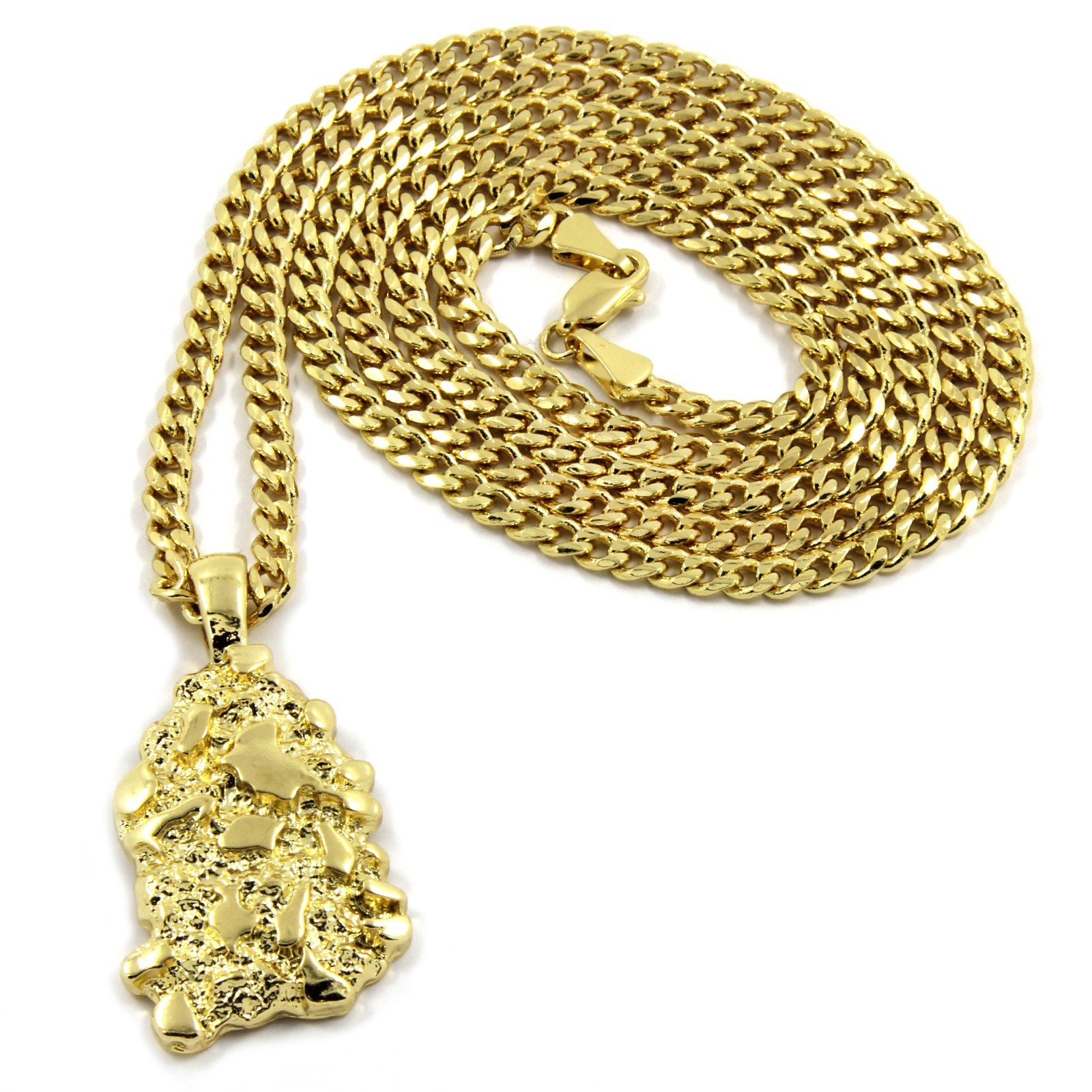 Mens 14K Gold Plated Nugget Pendant Hip-Hop 3mm/30″ Cuban Chain