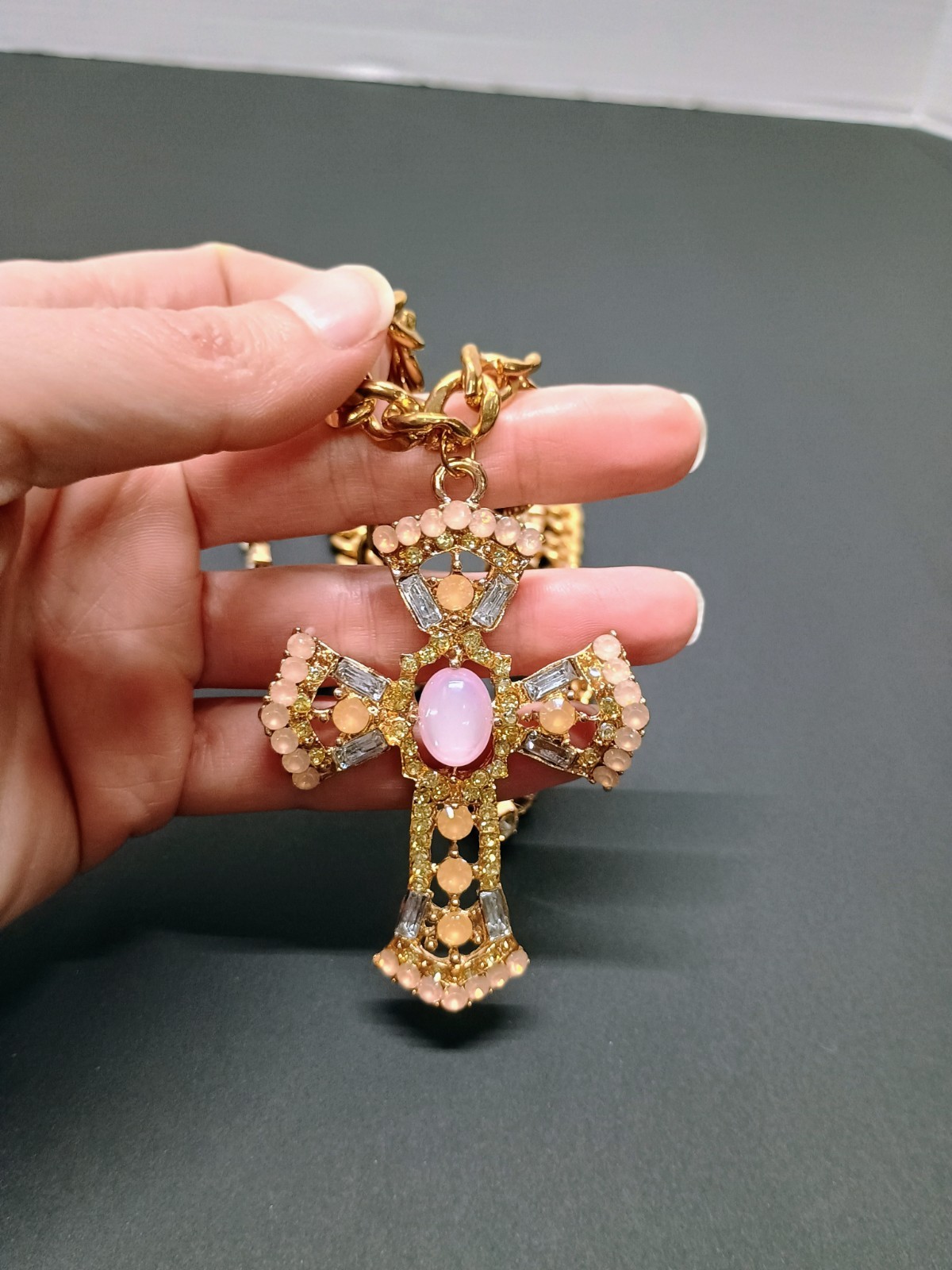 Layered cross gold and pink tone statement necklace costume great condition