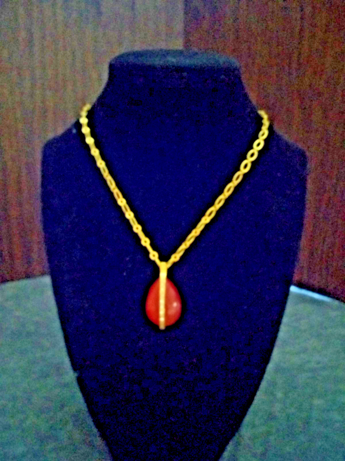 Gold Tone Orange Teardrop Pendant Necklace Vertical Bar Accent Gold Chain