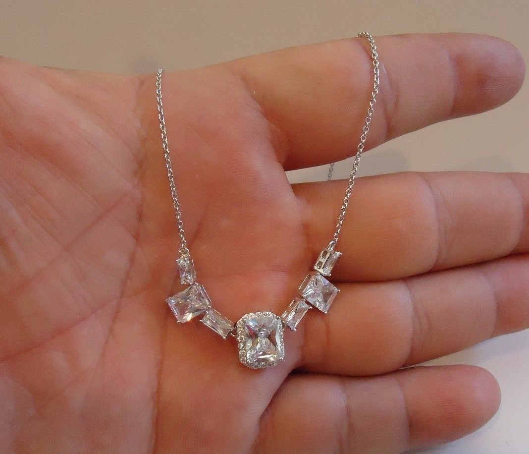 925 STERLING SILVER SQUARE HALO CENTER NECKLACE PENDANT LAB SIMULANT DIAMONDS