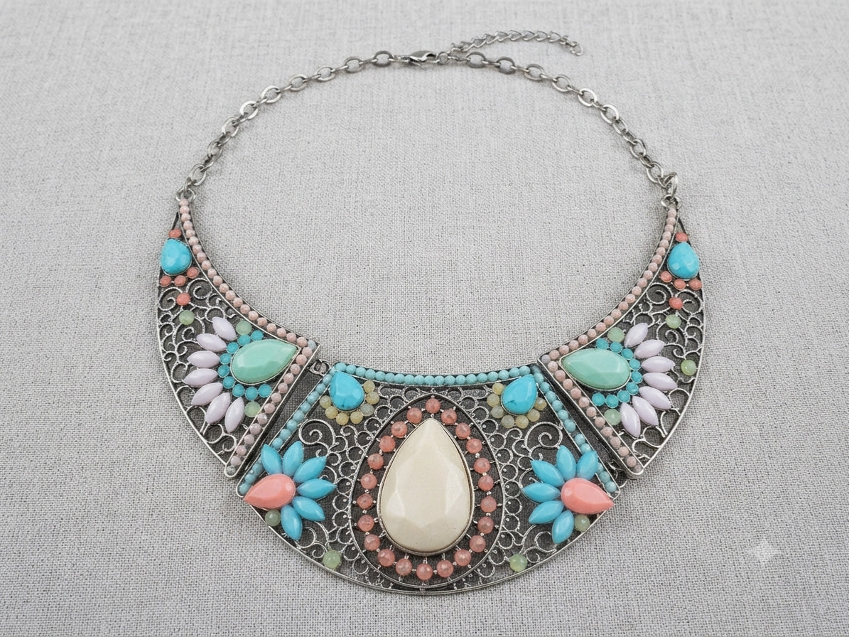 Retro Statement Collar Necklace Multi Color Beads Antique Silver Plated