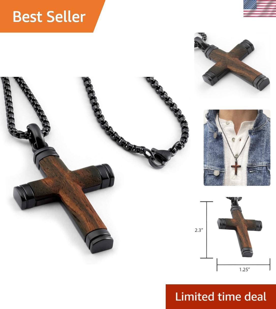 Men’s Black Stainless Steel Cross Pendant Necklace with Santos Wood Inlay | 24″