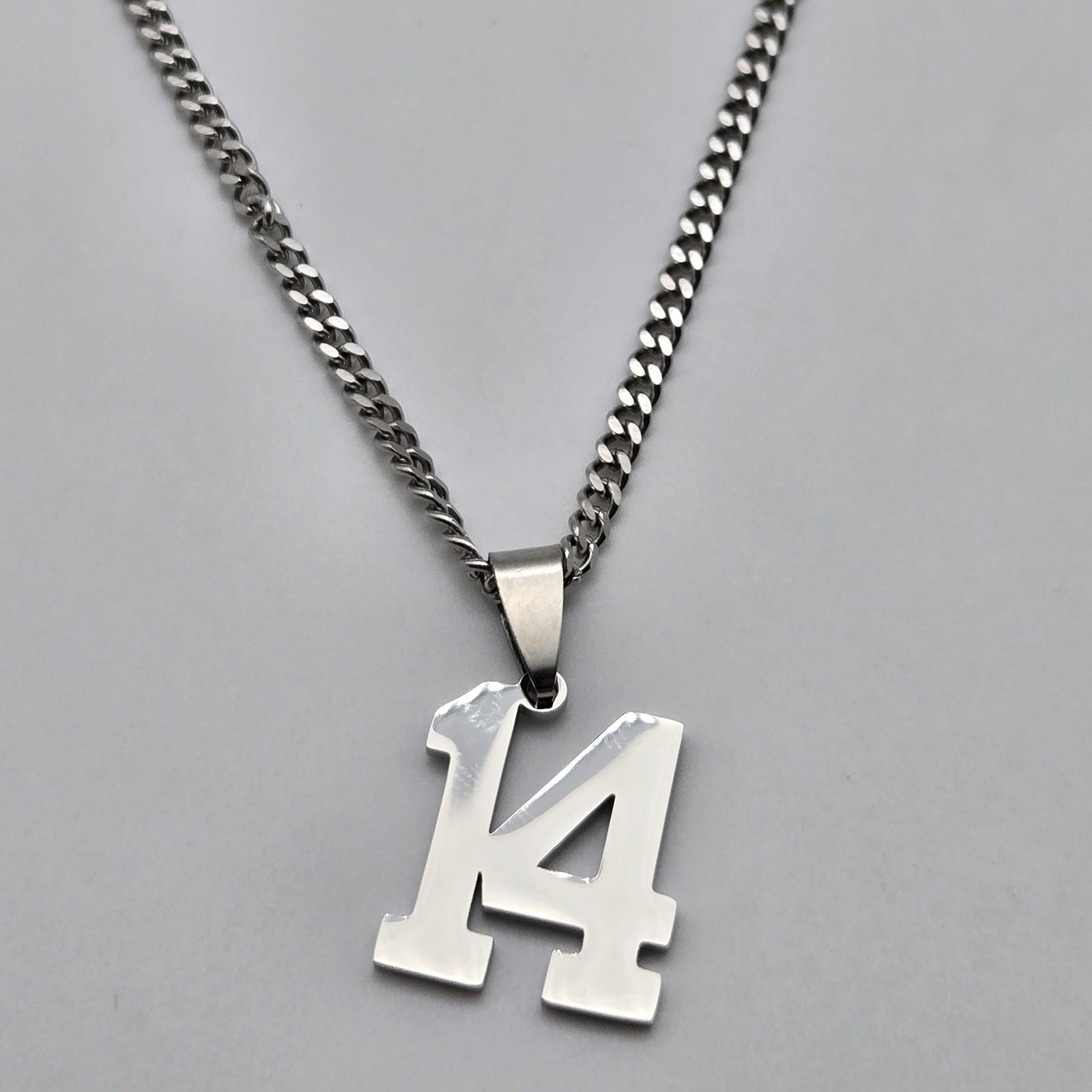 #14 BASEBALL FOOTBALL NUMBER Pendant Charm / 18″-24″ STAINLESS CHAIN NECKLACE