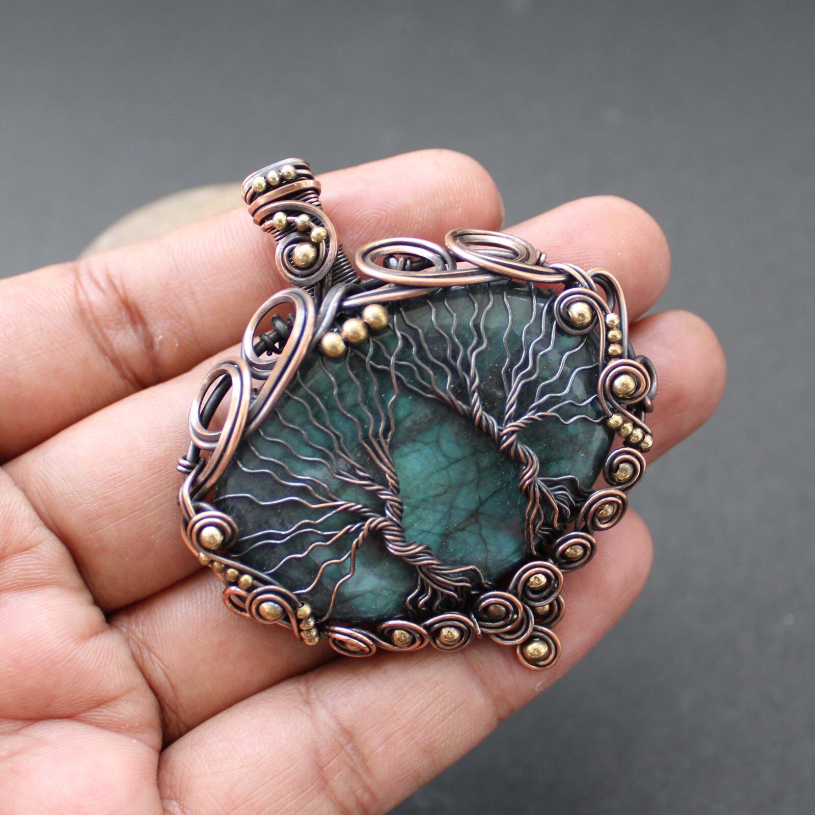 Labradorite Jewelry Copper Wire Wrapped Pendant Double Tree Of Life Pendant