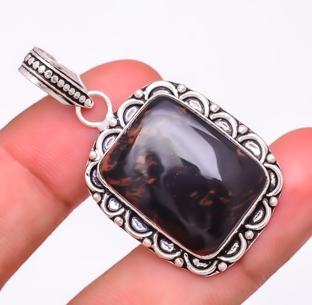 Natural Mahogany Obsidian Gemstone 925 Silver Plated Jewelry Pendant 1.8″ T309