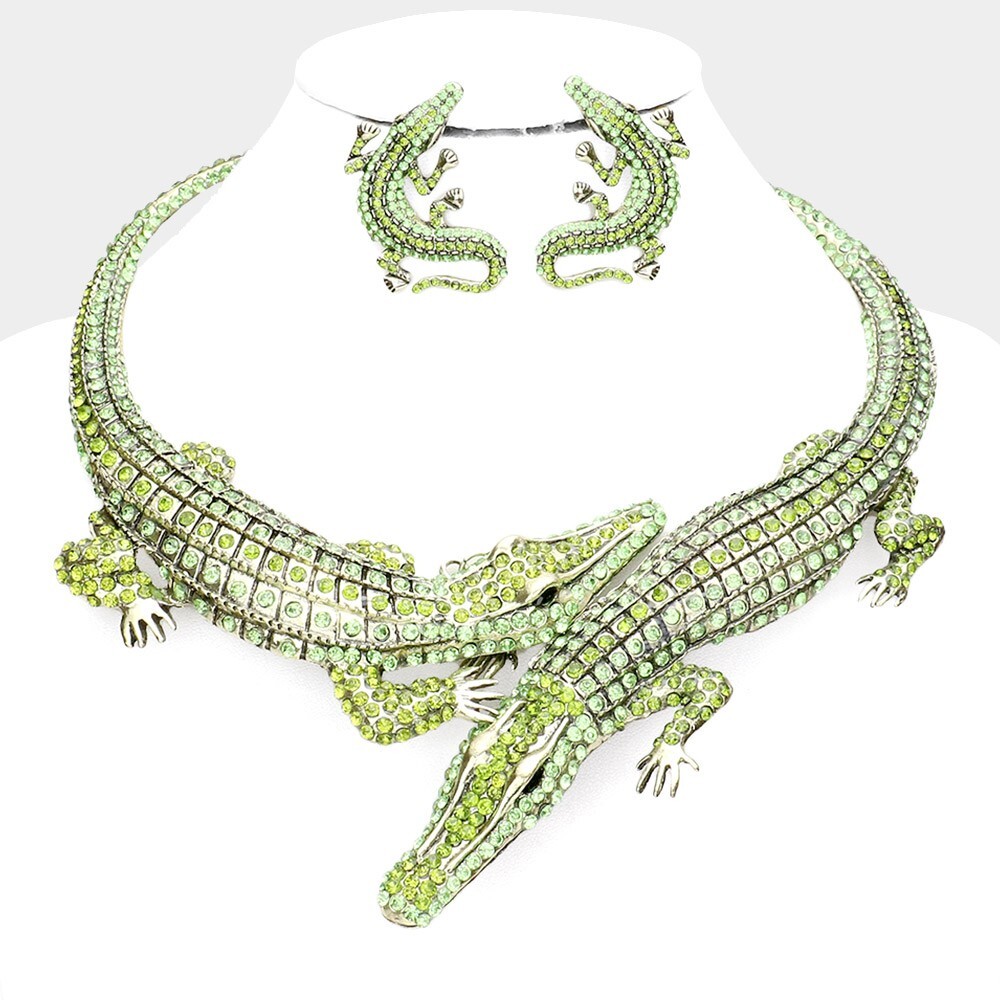 Crystal Bib Alligator Necklace Crocodile Choker Chain Necklace Earrings Set