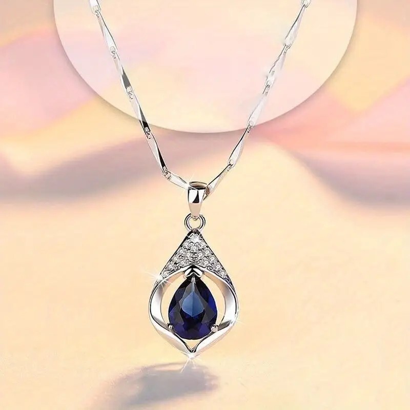 Teardrop Blue Sapphire Clavicle Necklace – Women Engagement/Wedding