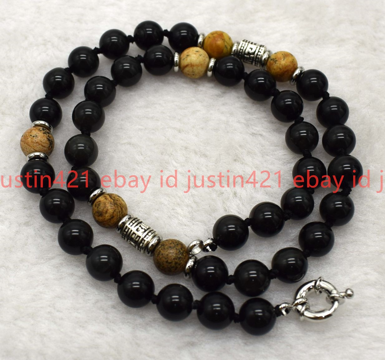 Natural 8mm Black Obsidian Picture Jasper Gemstone Round Beads Necklace 16-28in