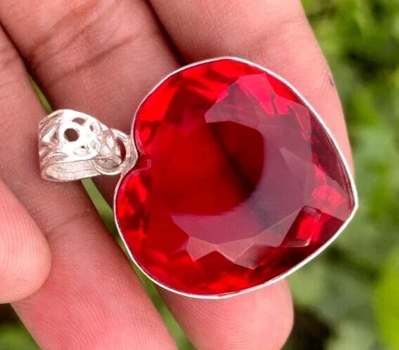 74 CT+ Flawless Blood Red Topaz Pendant 925 Sterling Silver Plated Jewelry
