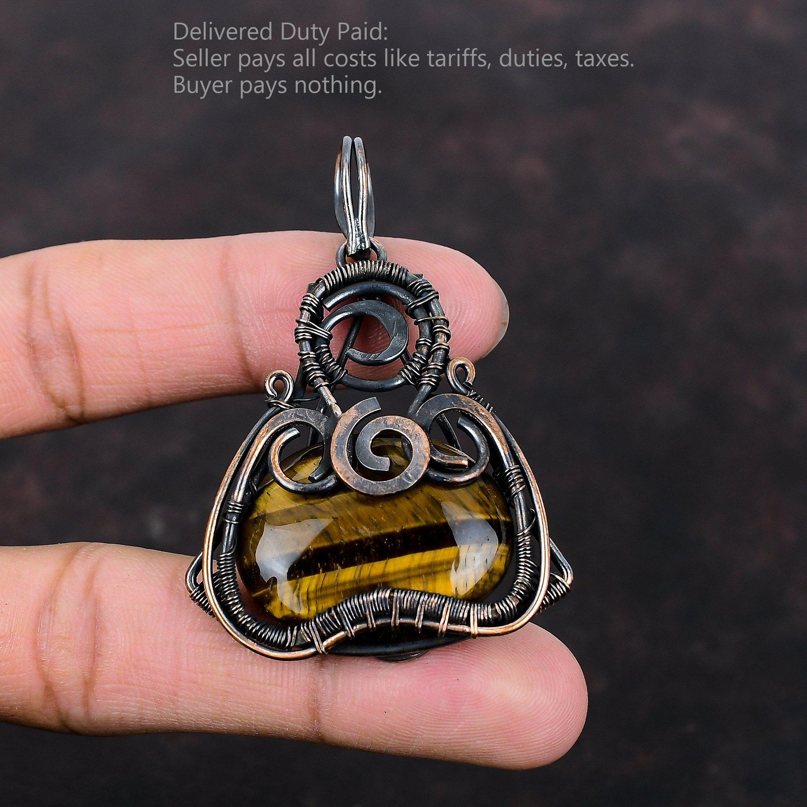 Copper Sacral Chakra Oval Tiger’s Eye Stone Unique Wire Wrapped Pendant Jewelry