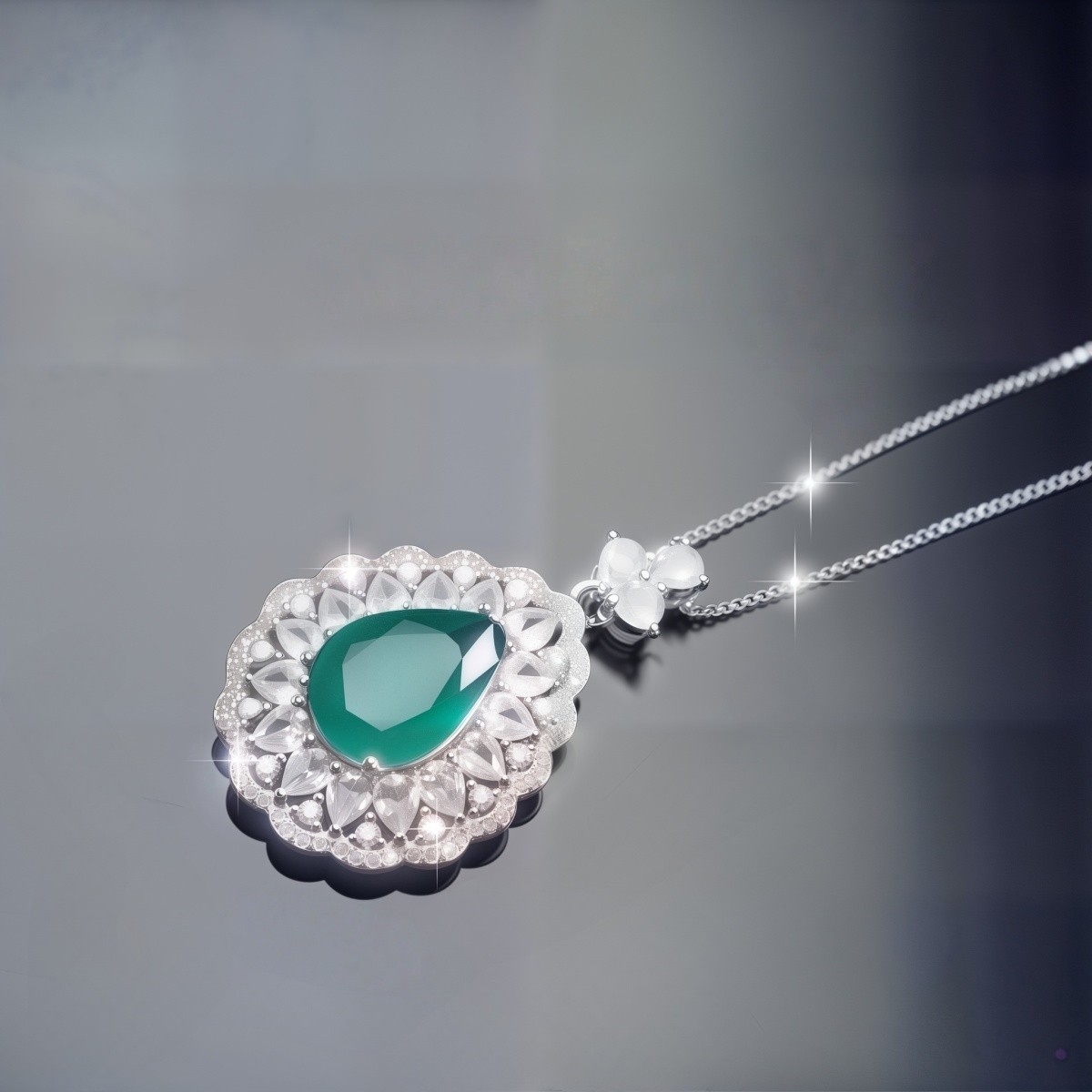 Pear Cut Simulated Emerald Double Halo Pendant Necklace For Women, Copper Plated
