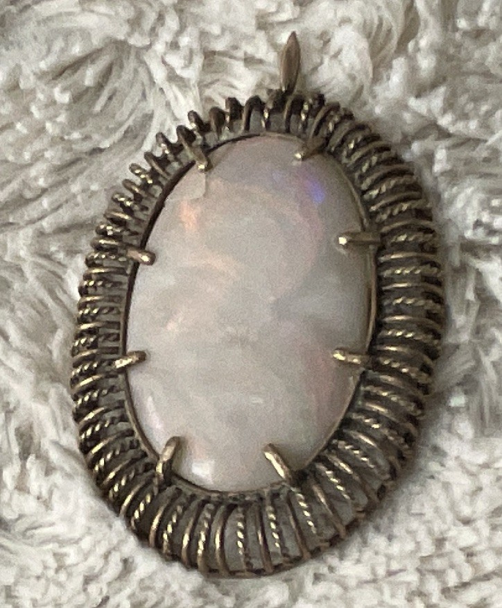 Oval White Opal Pendant, Silver Metal, Prong Set, Silver Tone, 1 Gemstone