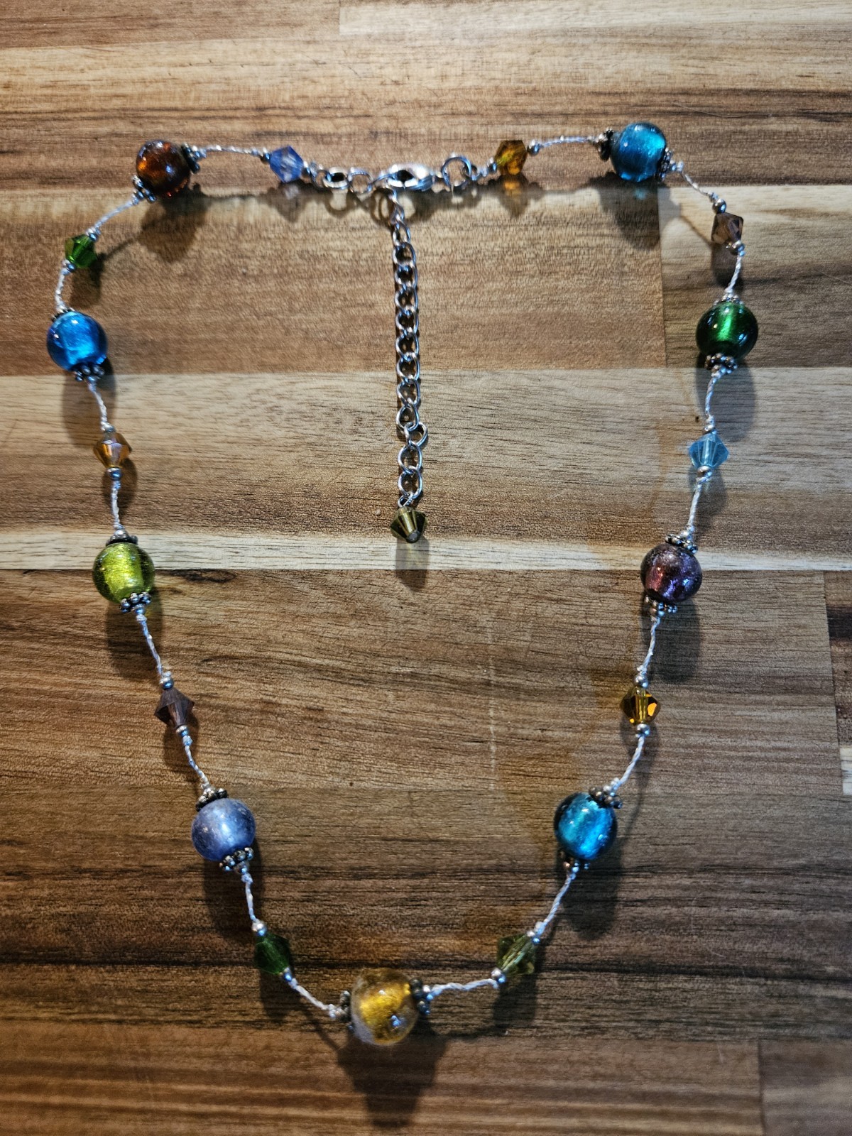 Variety of Colorful Artist-made Glass Beads On A Silver Tone Chain Necklace