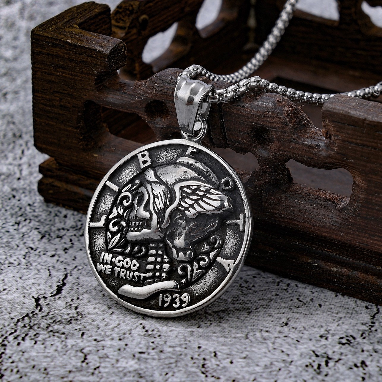 MENDEL Gothic Mens Stainless Steel Coin Biker Skull Punk Pendant Necklace Men