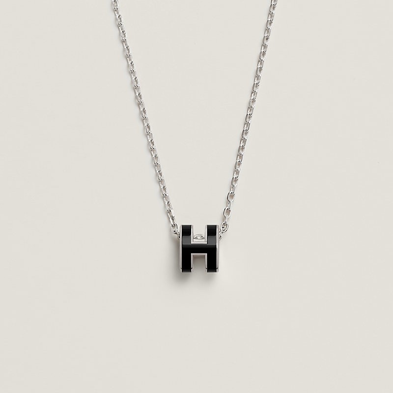 Auth Hermes Mini Pop H Necklace Black Noir Lacquered SILVER Plated New NO Box