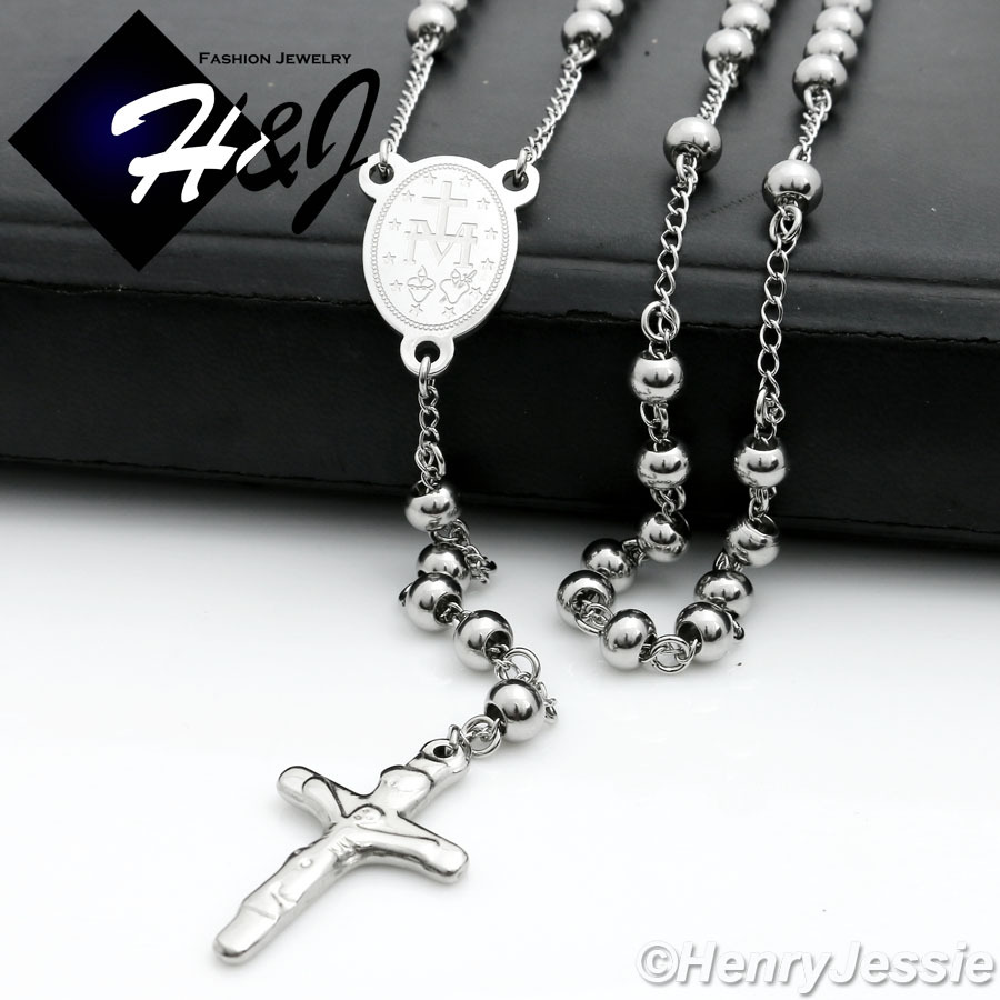 26+5″MEN Stainless Steel 6mm Silver Beads Virgin Mary Cross Rosary Necklace*RN11