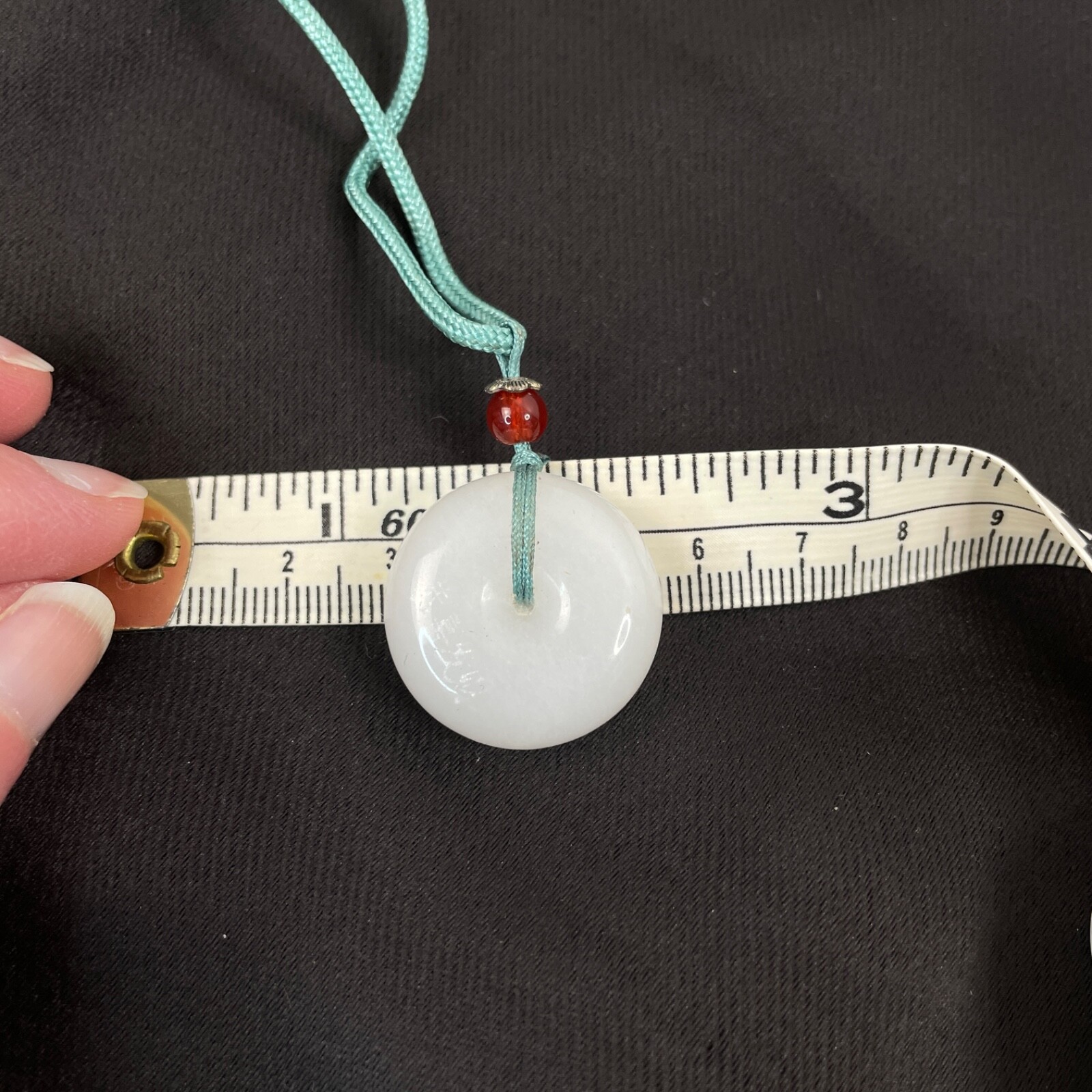 White Jade Quartz Donut Necklace Etched Chinese Happy & Prosperous Ships from US