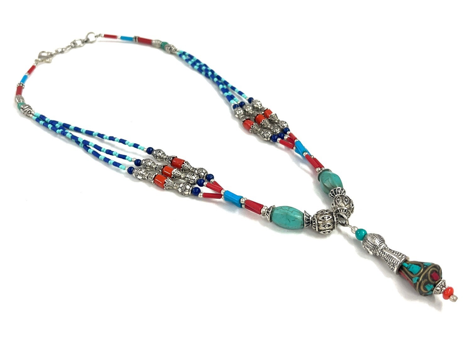 Nepalese Turquoise Coral Gemstone Tibetan Boho Necklace Jewelry, 18 inch Adj