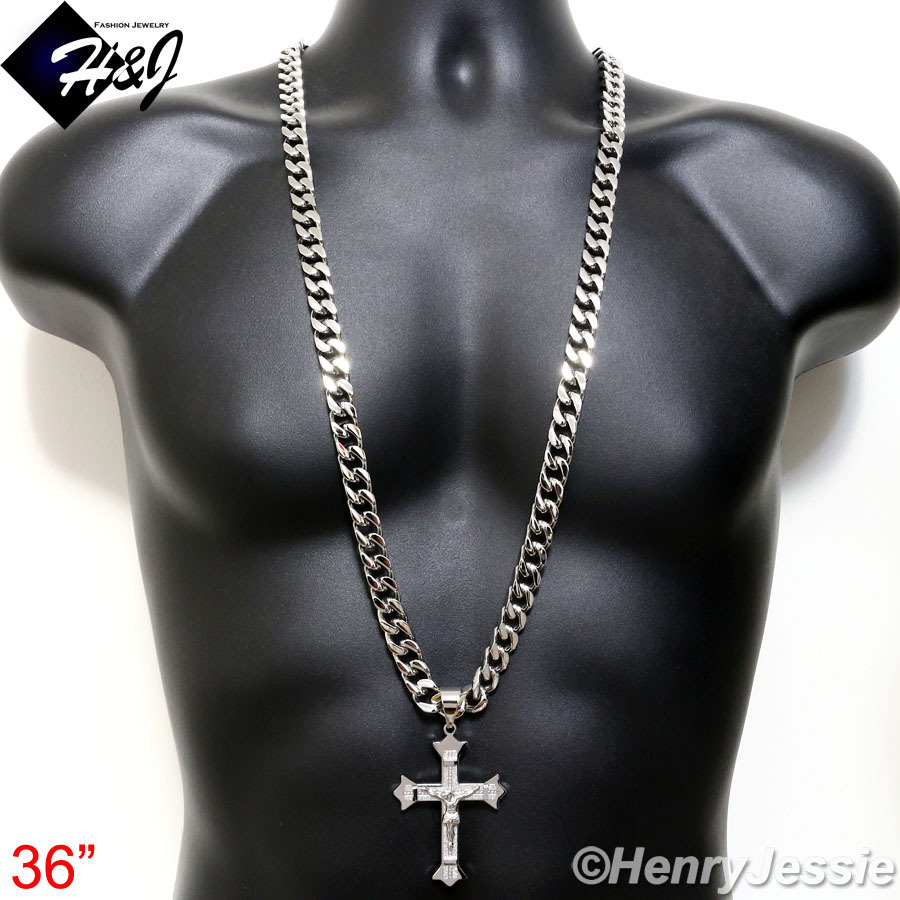 18-40″MEN Stainless Steel WIDE 11mm Silver Cuban Curb Necklace Cross Pendant*J28
