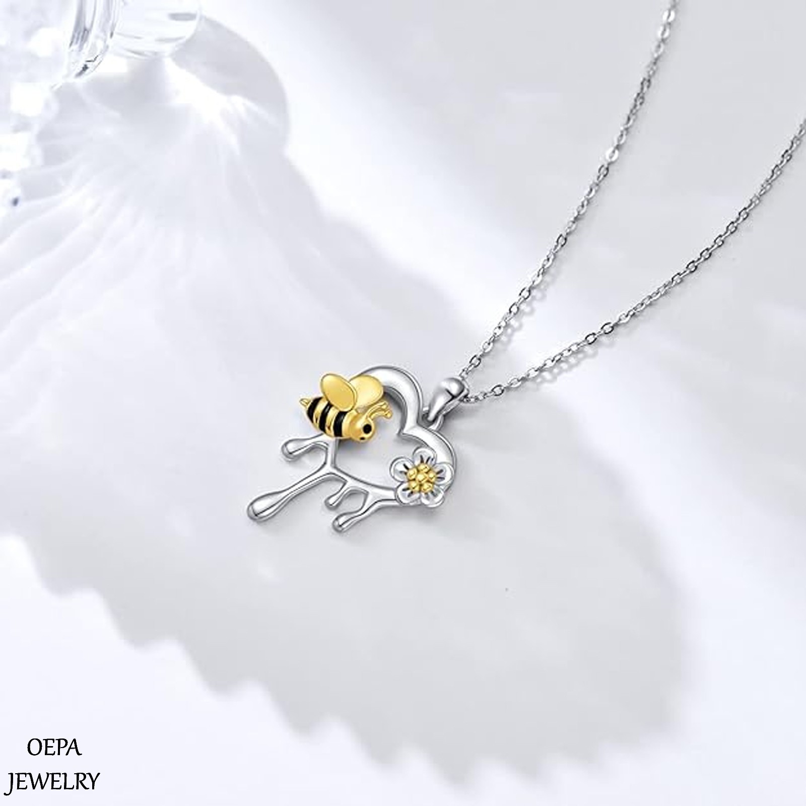 Sunflower and Bee Heart Necklace 925 Sterling Silver Bee Necklace for Women