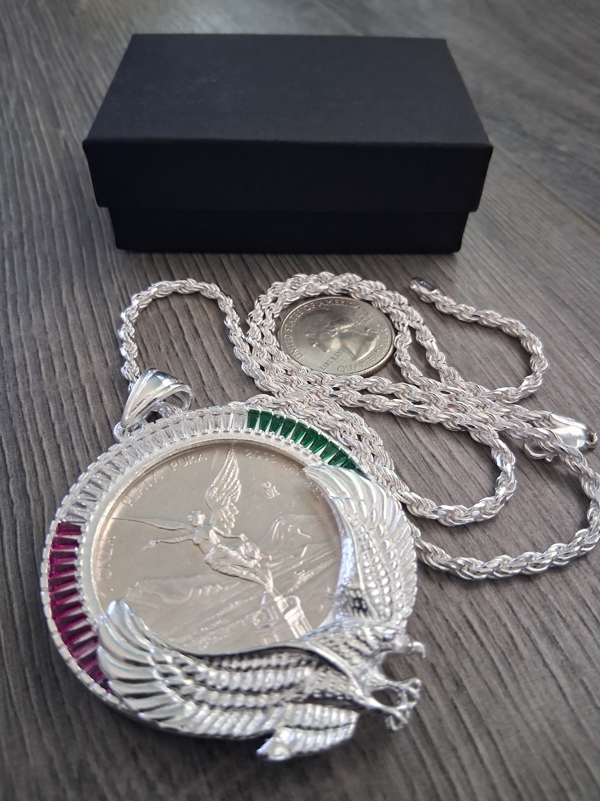 cadena bizel aguila y moneda 1 OZ plata 925 83 gramos 24″ larga 3.4mm plata MX