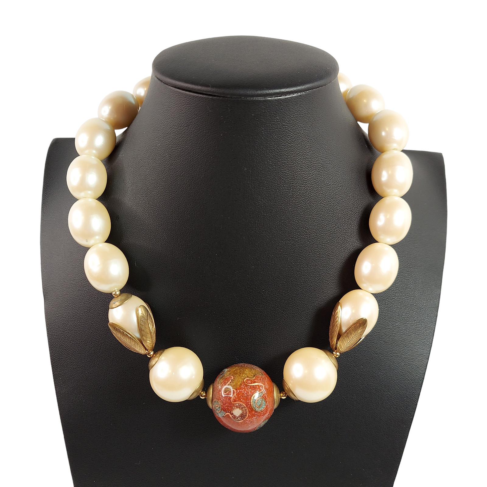 Chunky Egg Shape Faux Pearl 18″ Necklace Large Red Venetian Style Center Bead