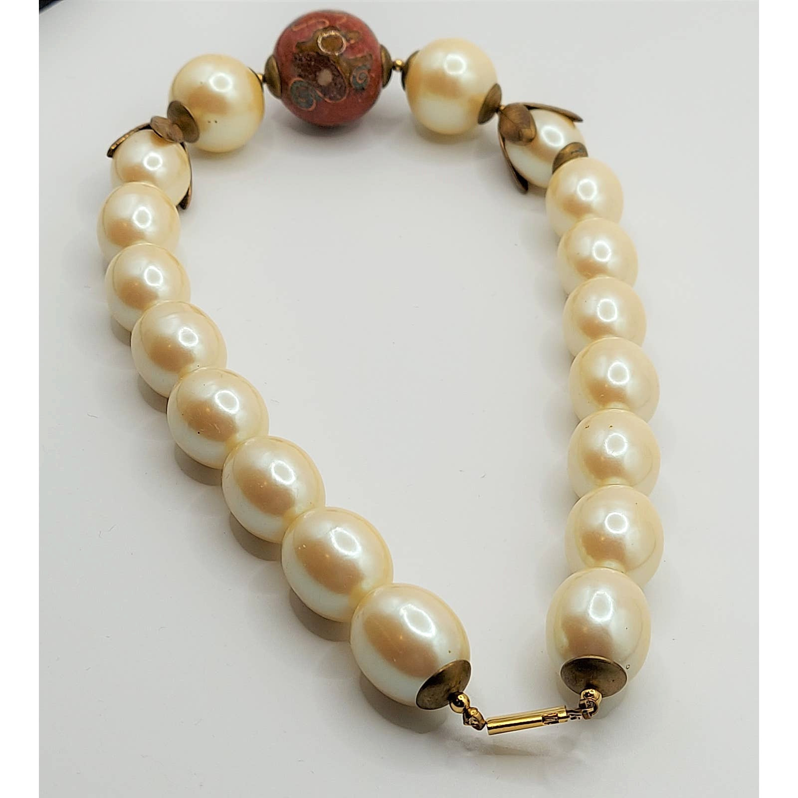 Chunky Egg Shape Faux Pearl 18″ Necklace Large Red Venetian Style Center Bead