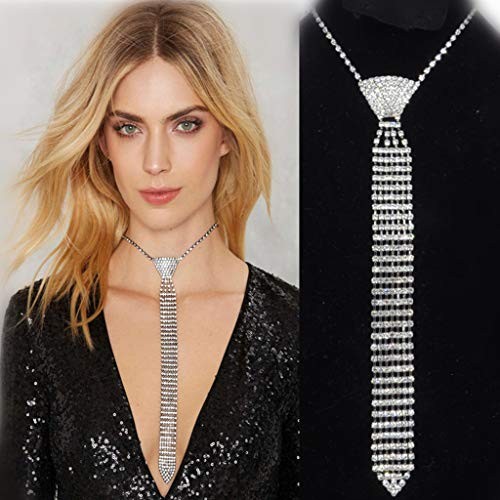 Women Fashionable Elegant s Metal Necktie Sparkly Glitter Crystal Long