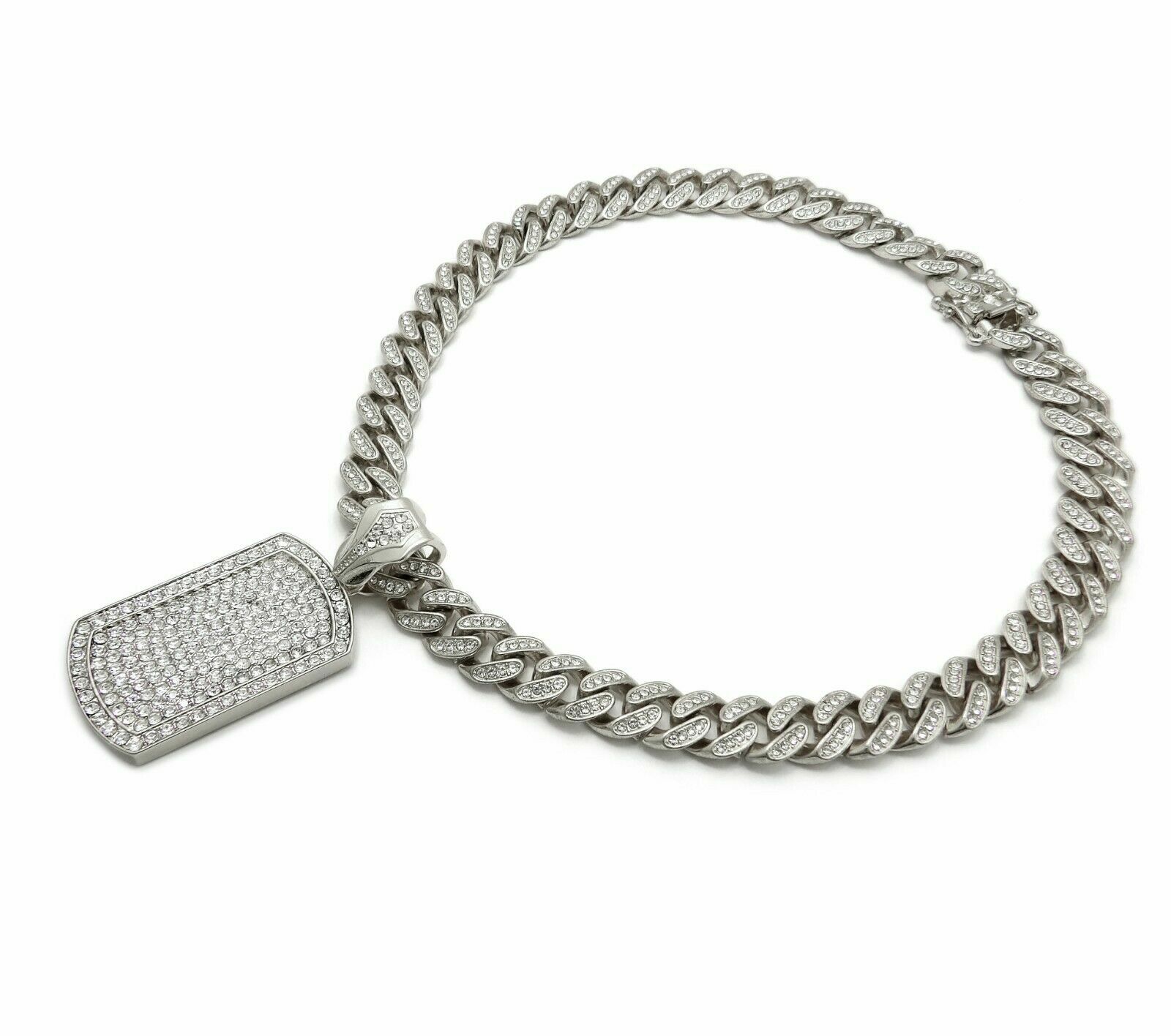 Hip Hop Dog Tag Bling pendant & 12mm 18″ Full Iced Cuban Choker Chain Necklace