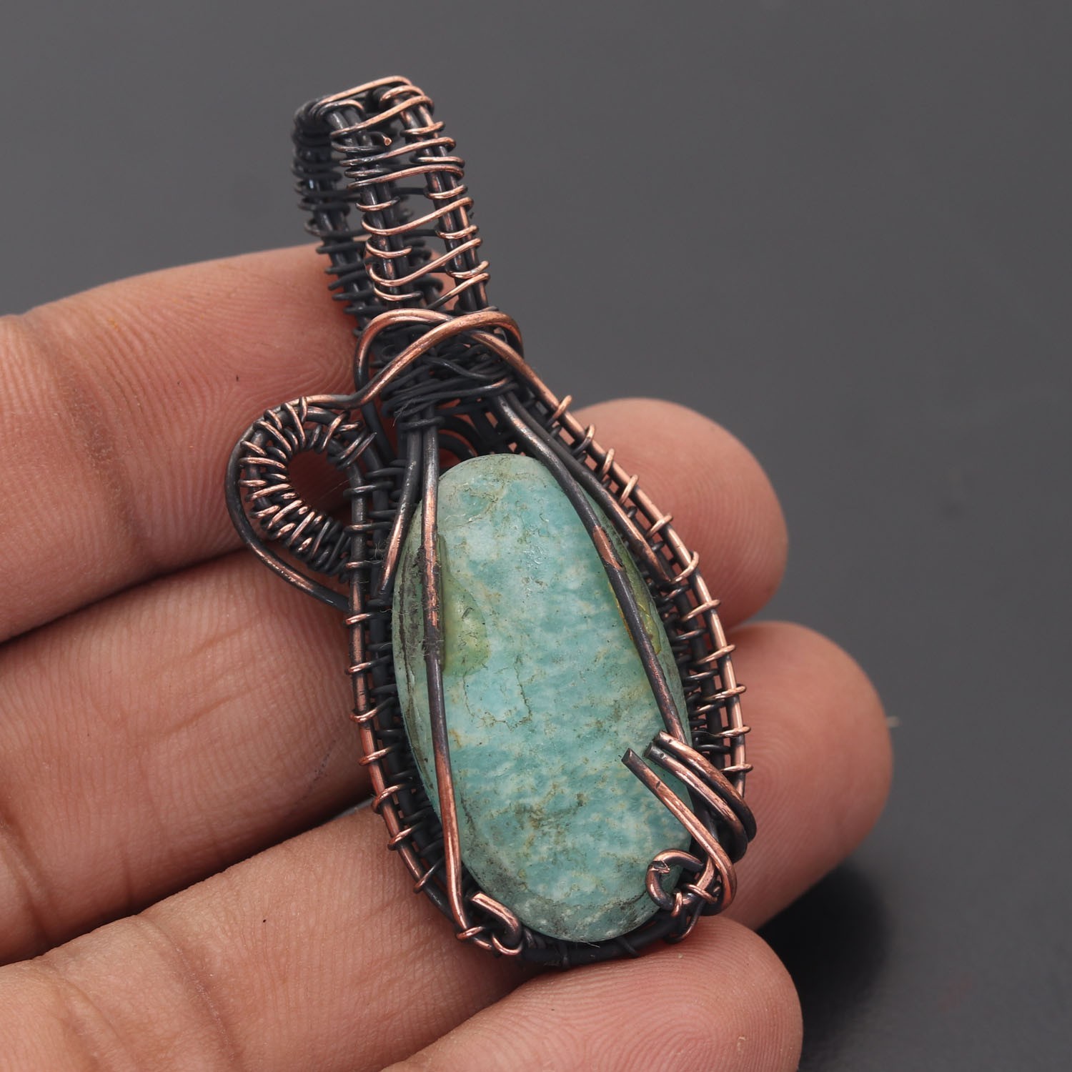 Amazonite Gemstone Copper Wire Wrapped Handmade Pendant Jewelry Gift For Her