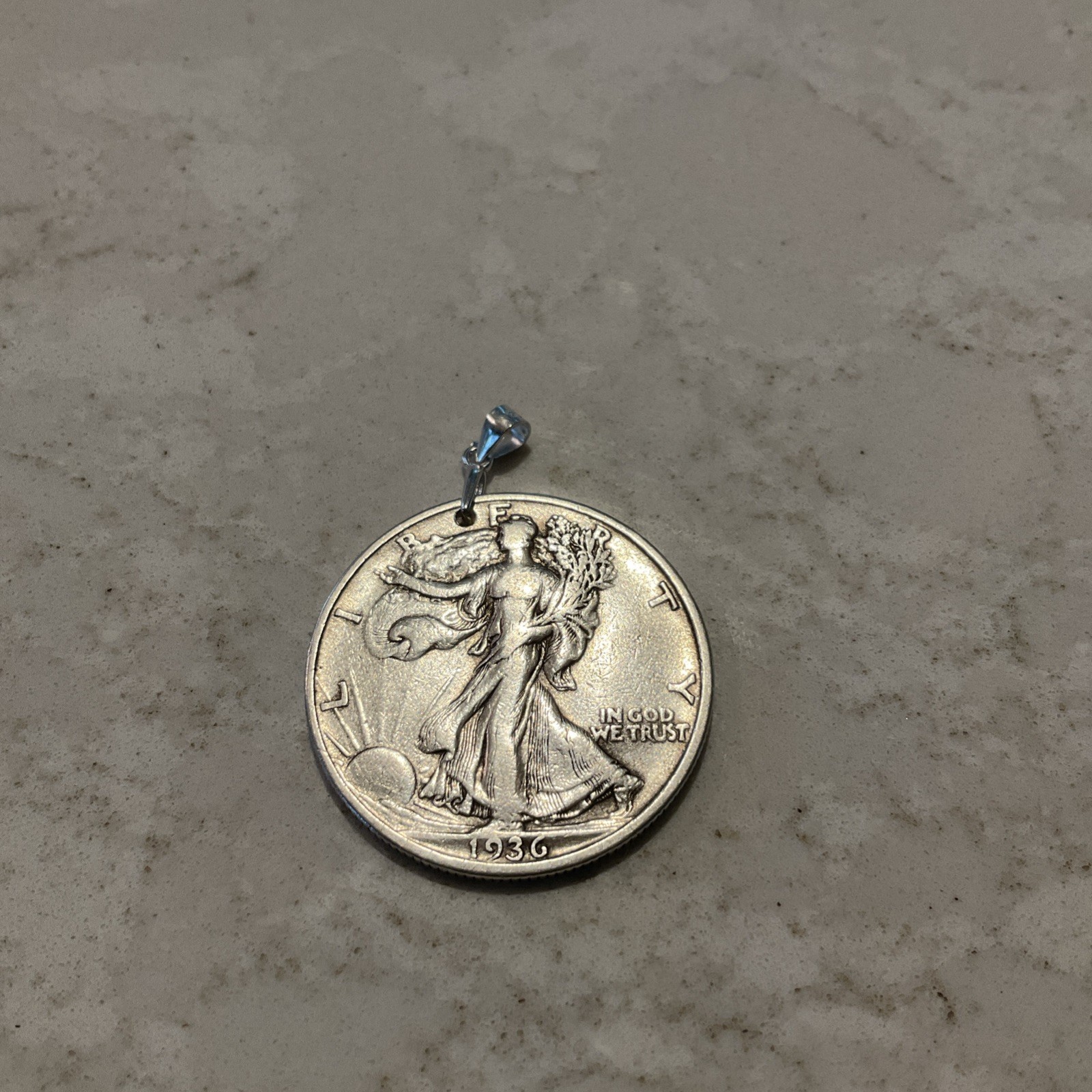 ANTIQUE COIN 90% SILVER WALKING LIBERTY HALF DOLLAR PENDANT