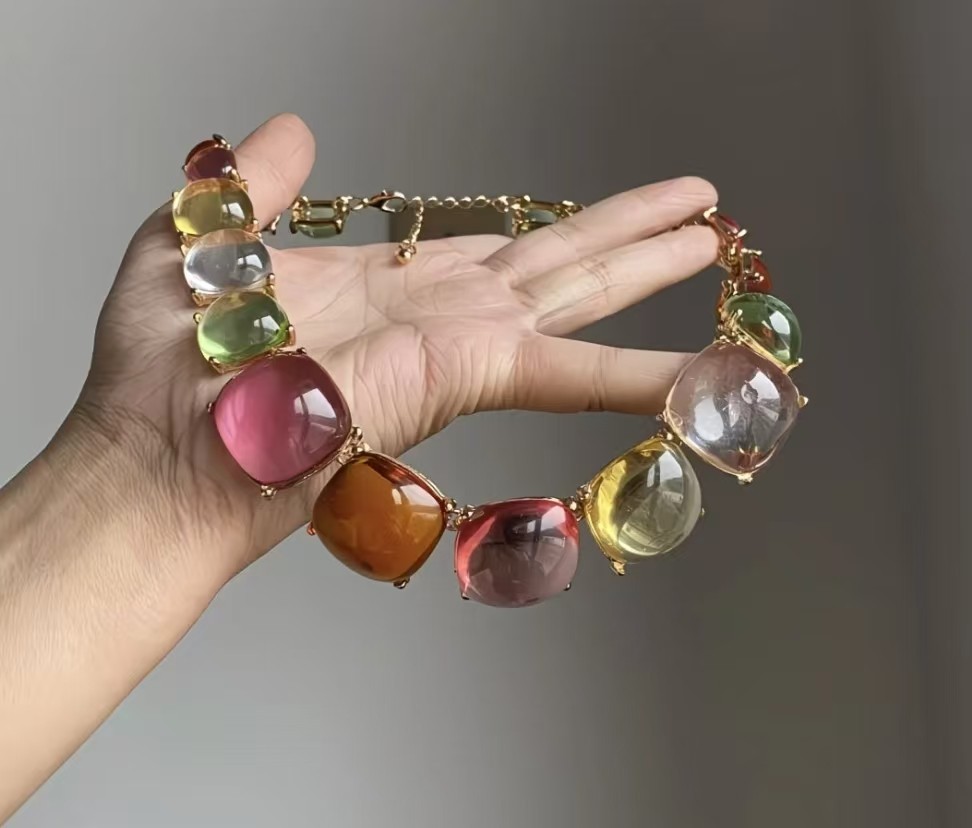 Luxury Candy Color Large Square Glass Stone Necklace