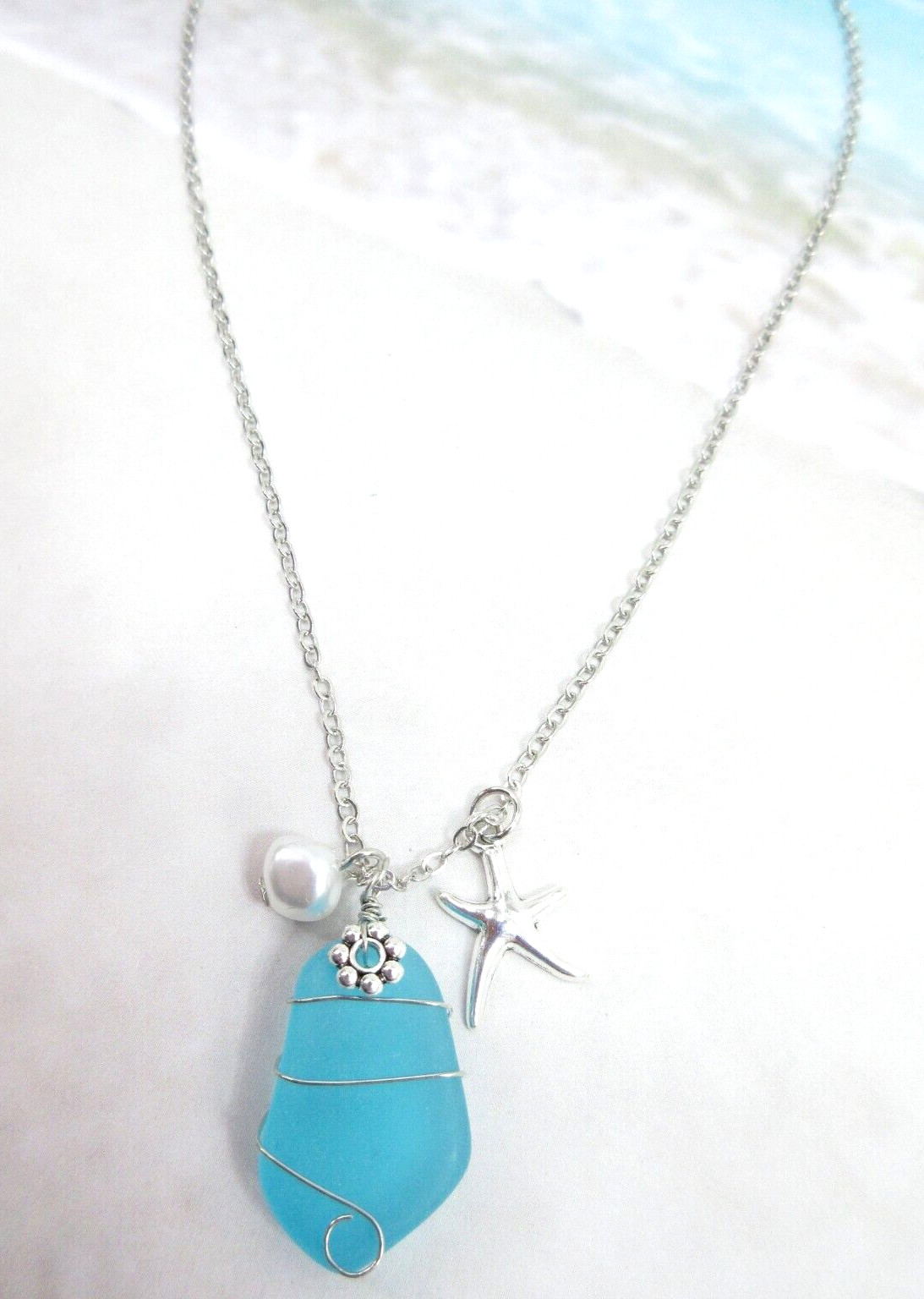 Beach Sea Glass Necklace Blue Silver Starfish Pearl Charms Turquoise Silver New