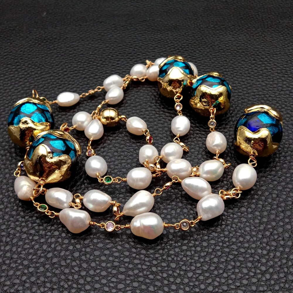 33″ Cultured White Baroque Pearl Blue Murano Glass Rosary Chain Long Necklace