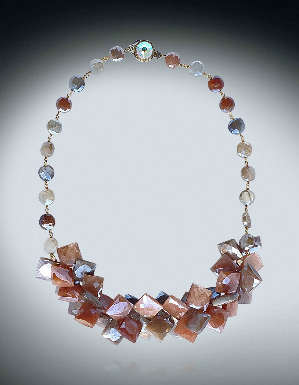 BRAND NEW-BESS HEITNER MYSTIC PEACH SILVER GRAY METALLIC MOONSTONE HEXAGON BIB