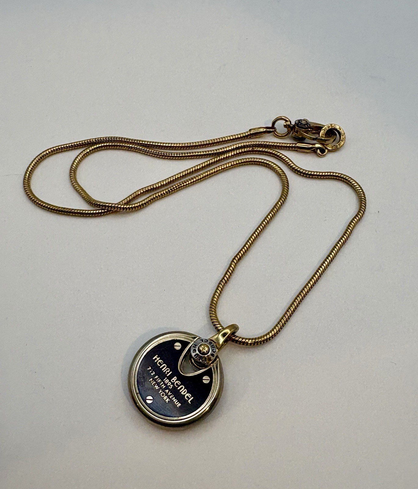 Henri Bendel Lock Pendant Necklace Brown White Stripe Gold Tone Snake Chain