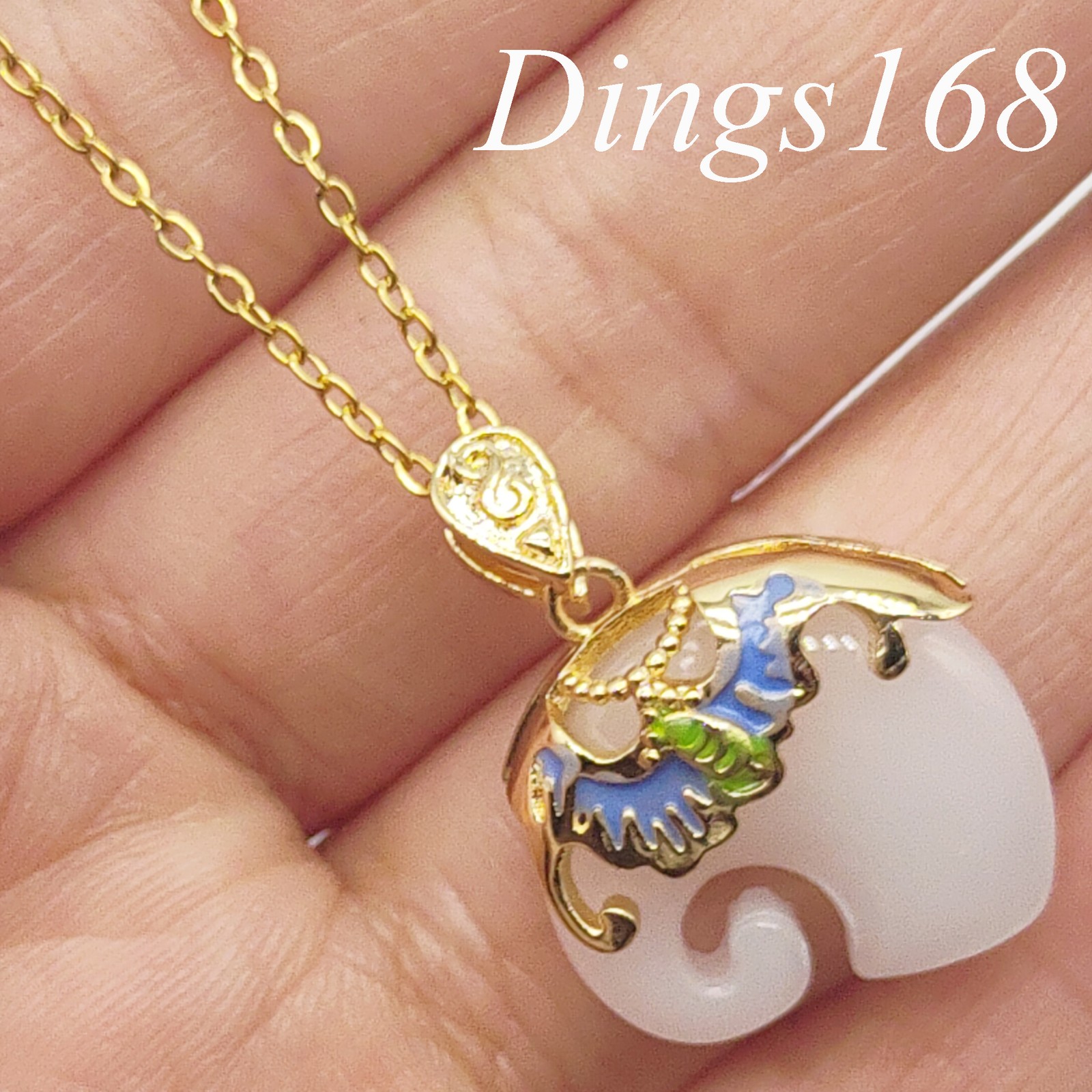 18K Yellow Gold Filled 18*19mm White Jade Elephant Pendant+ Cable Chain Necklace