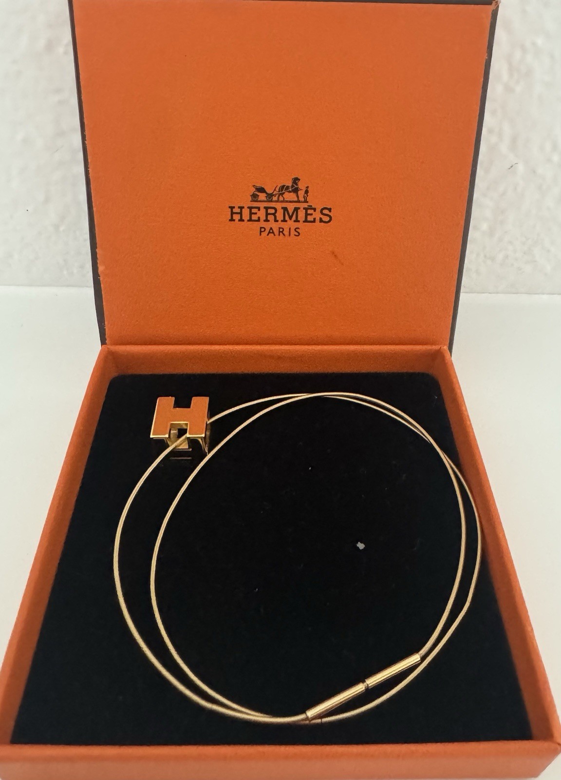Estate Hermes Gold Tone Orange Enamel H Cube Necklace With Box